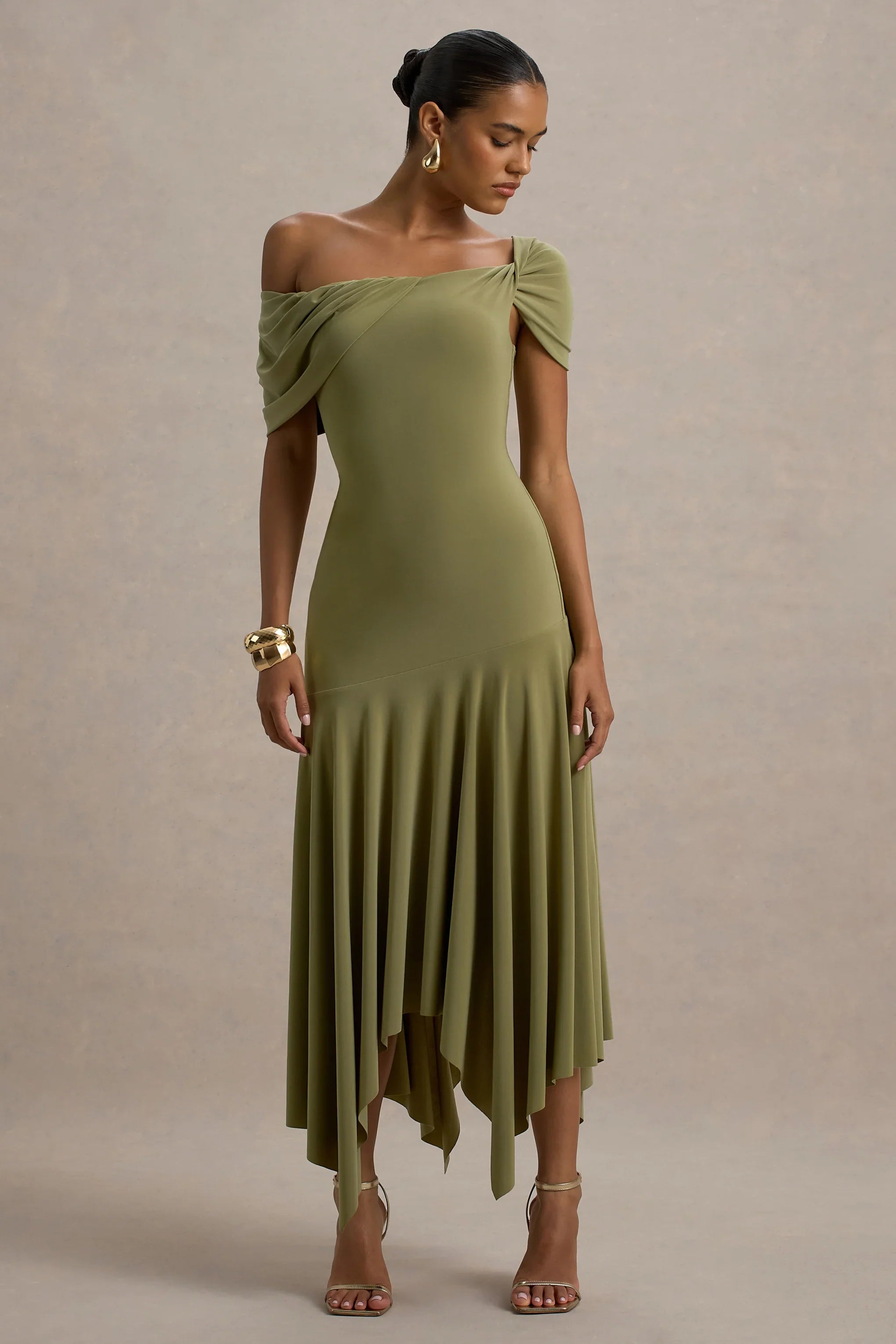 Castor Olive Asymmetric Midi Dress