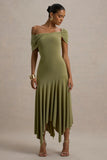 Castor Olive Asymmetric Midi Dress