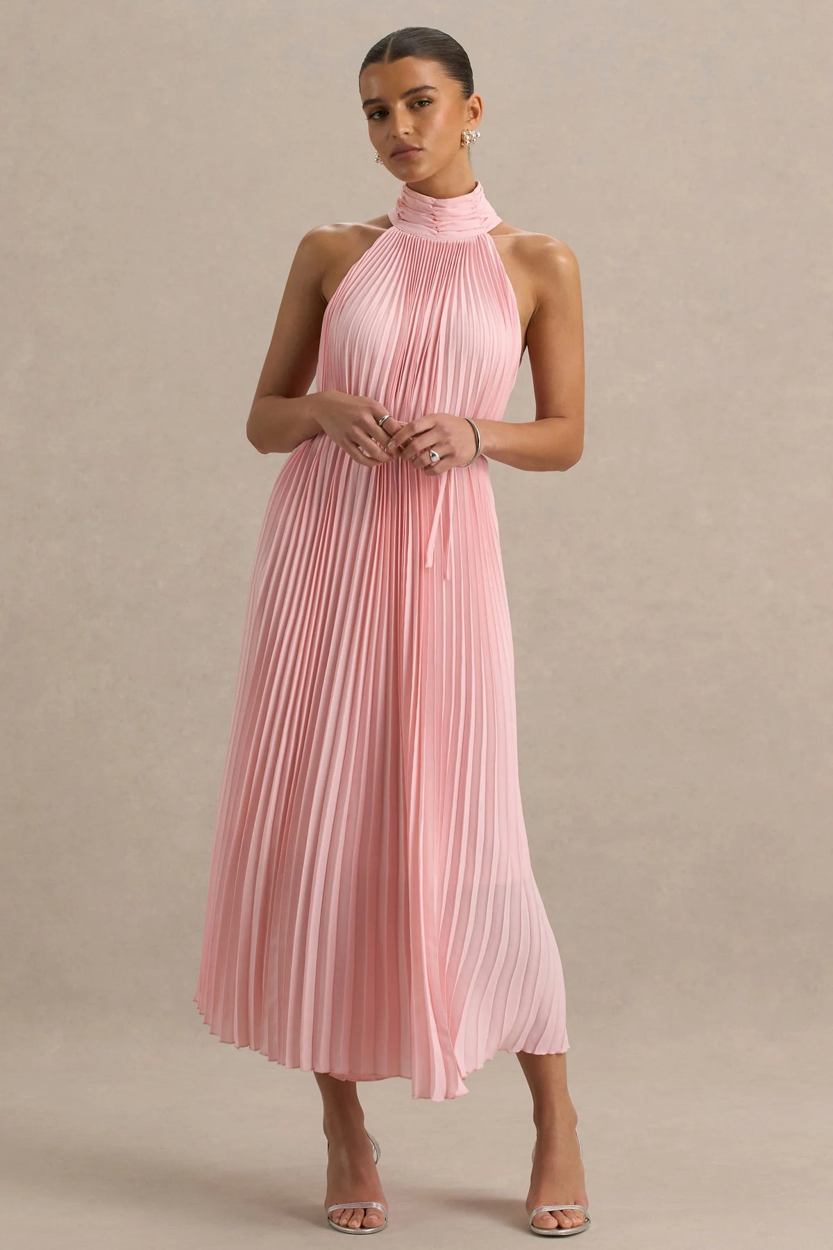 Tulip Blush Pink Pleated High Neck Midi Dress