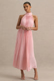 Tulip Blush Pink Pleated High Neck Midi Dress