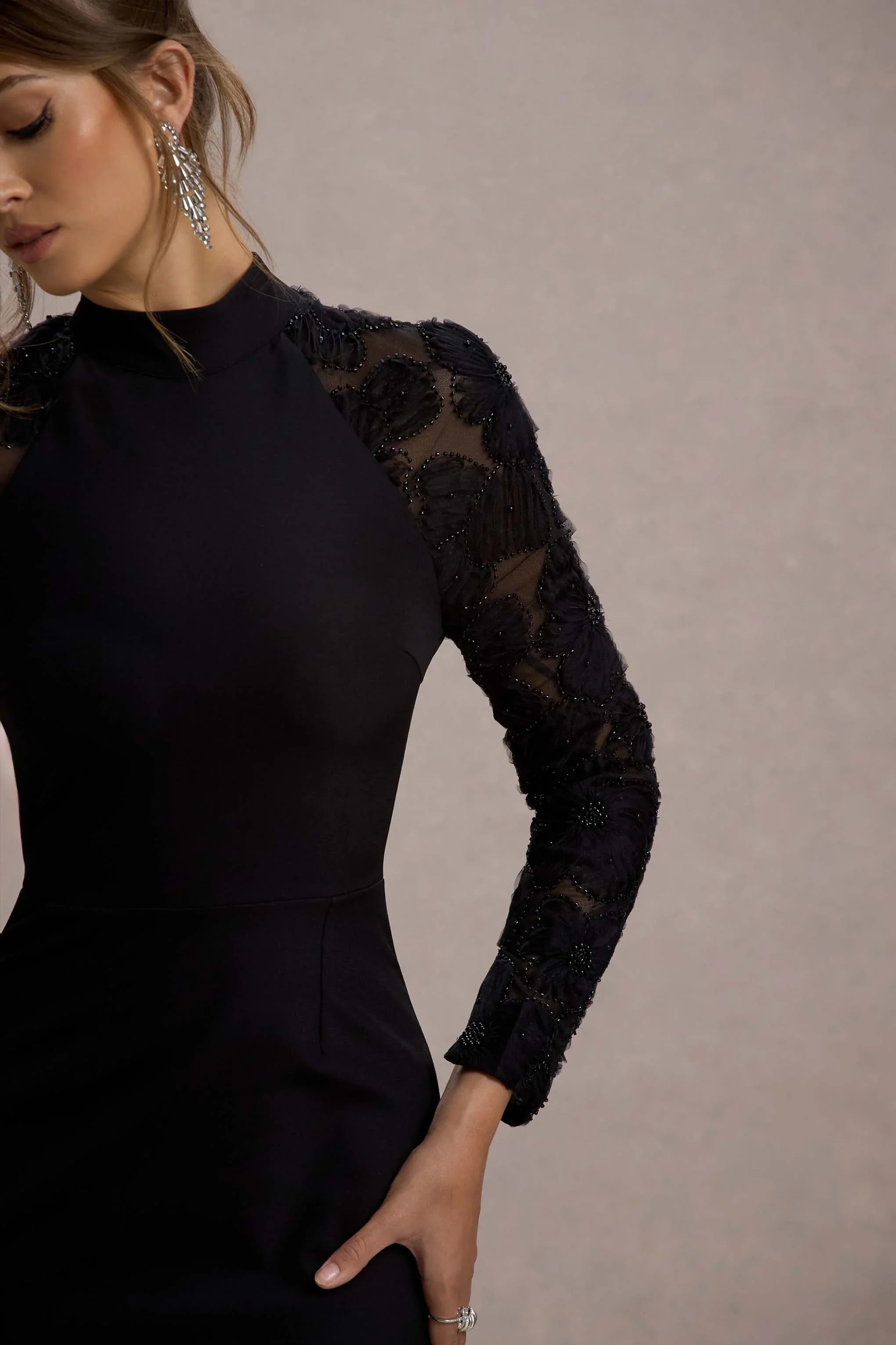 Chandra Black Mesh Long Sleeve Midi Dress With Ruffle Hem