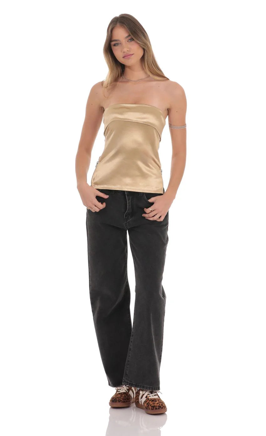 Satin Side Zip Strapless Top in Gold