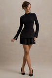 Athena Black Long Sleeve Mini Dress With Pleated Hem