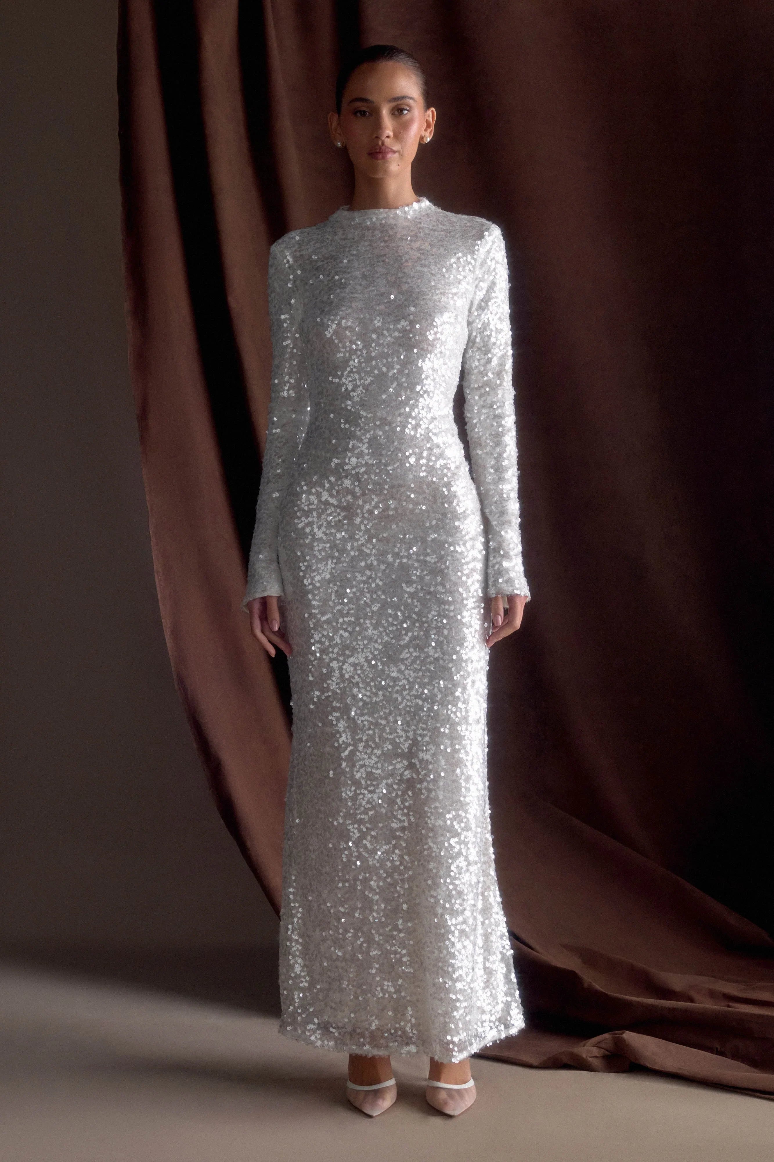 Sofia Long Sleeve Sequin Maxi Dress White