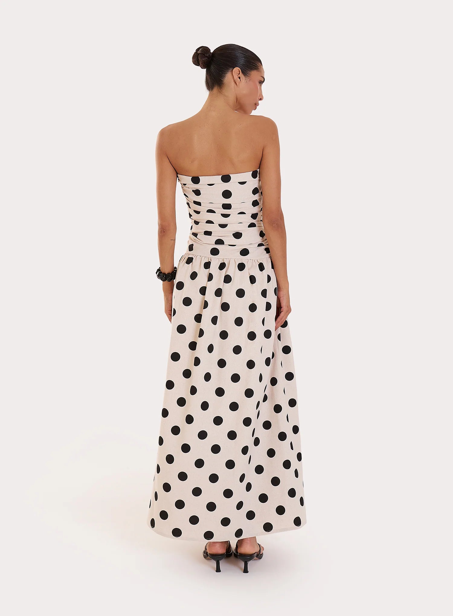 Polka Dot Printed Linen Blend Bandeau Maxi Dress