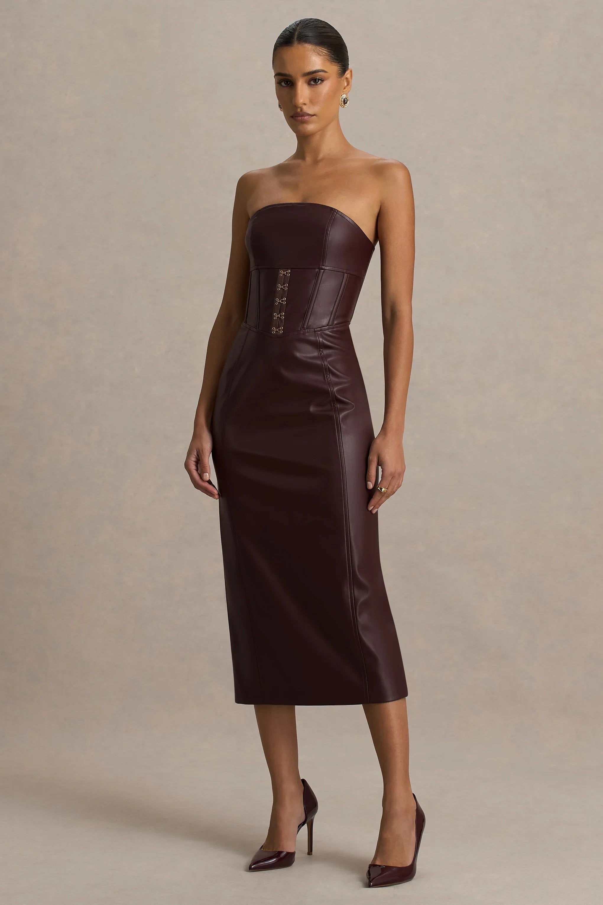 Zola Burgundy Faux Leather Bandeau Midi Dress