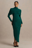 Aneira Bottle Green High Neck Maxi Dress With Cape Sleeves