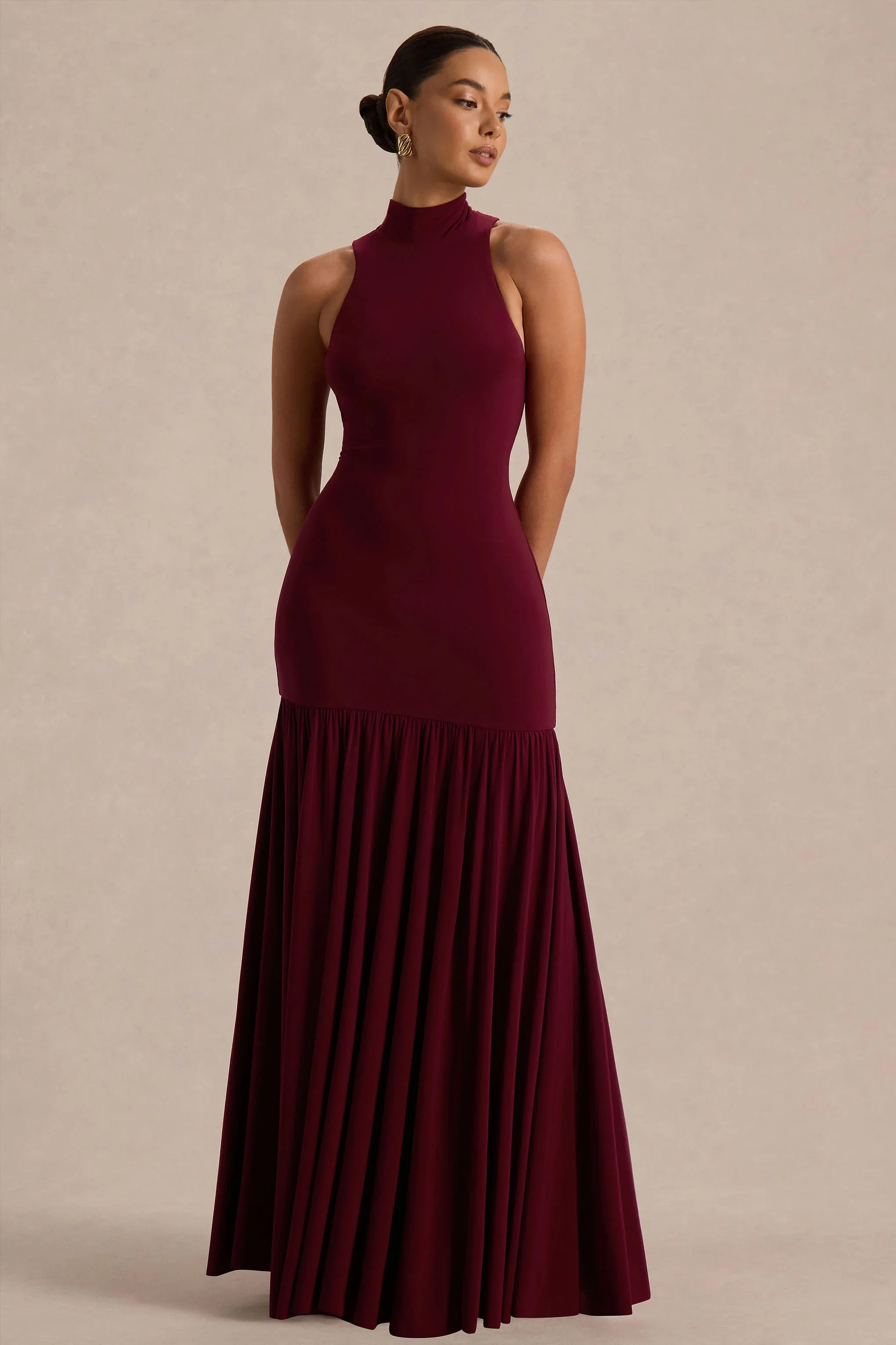 Tasmin Burgundy High Neck Maxi Dress With Drop Waist