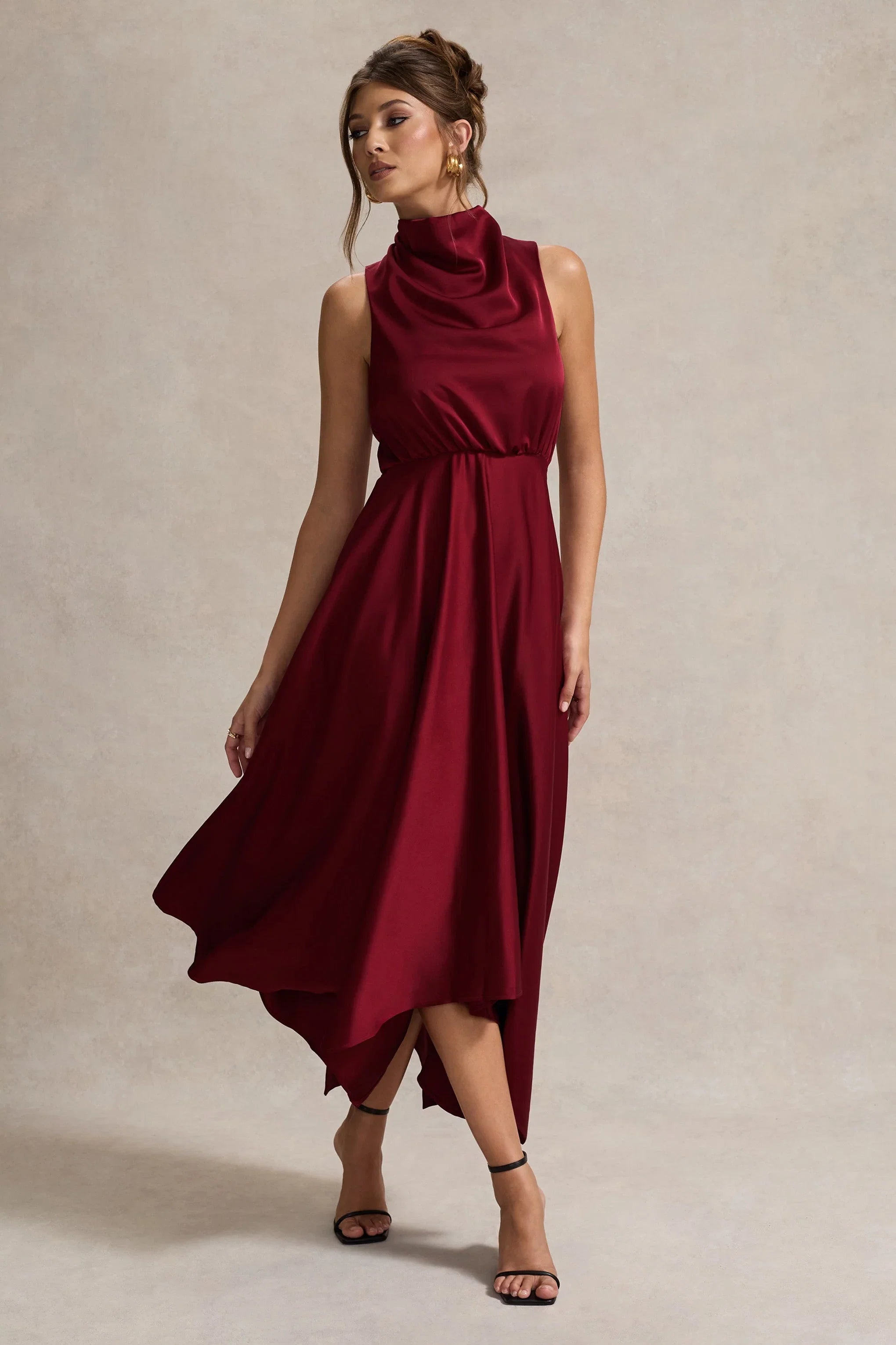 Kerri Berry Satin Cowl Neck Maxi Dress