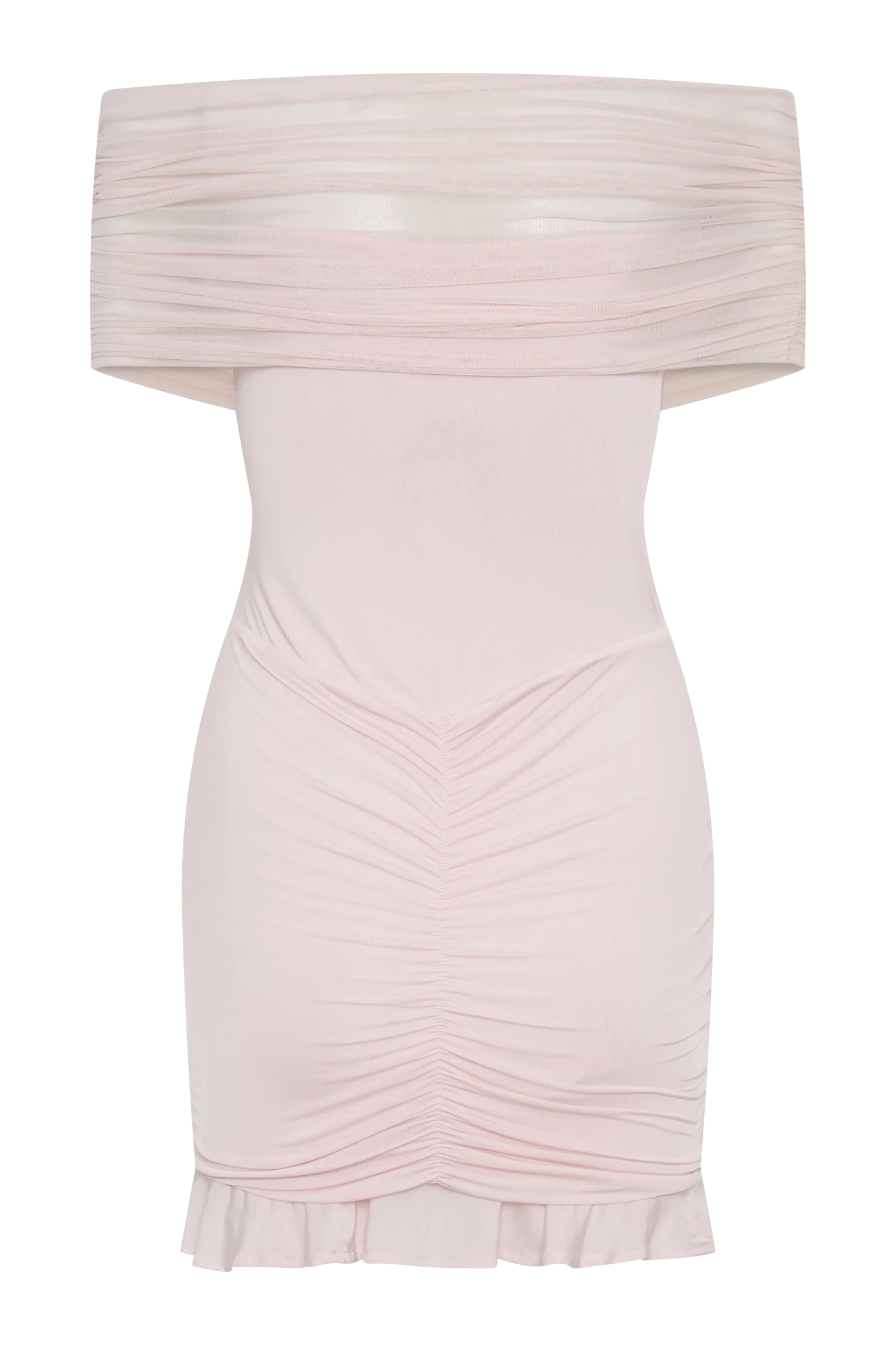 Caspian Slinky And Mesh Off Shoulder Mini Dress Pale Pink