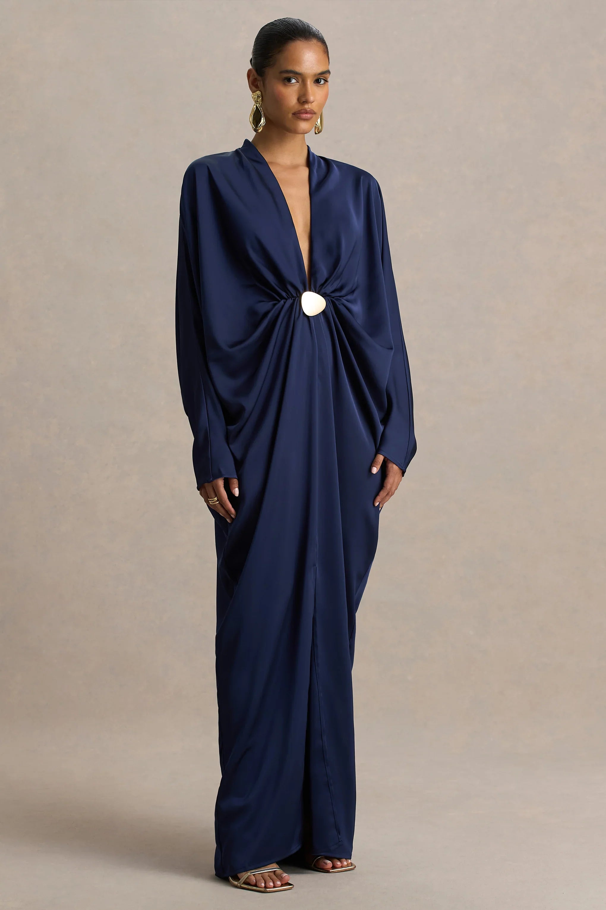 Tina Navy Satin Plunge Neck Embellished Maxi Dress