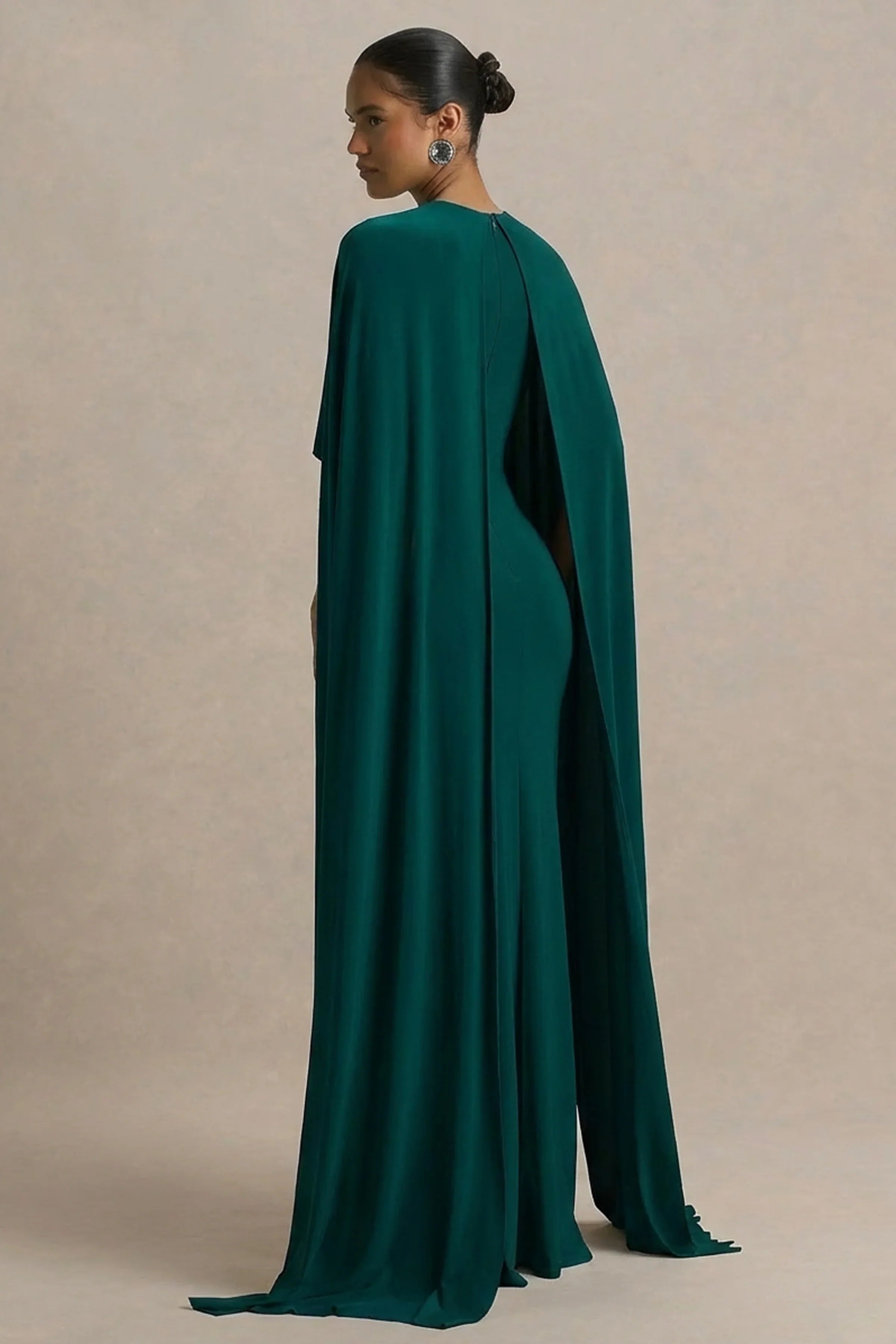 Padma Bottle Green Draped Maxi Dress With Cape Sleeves