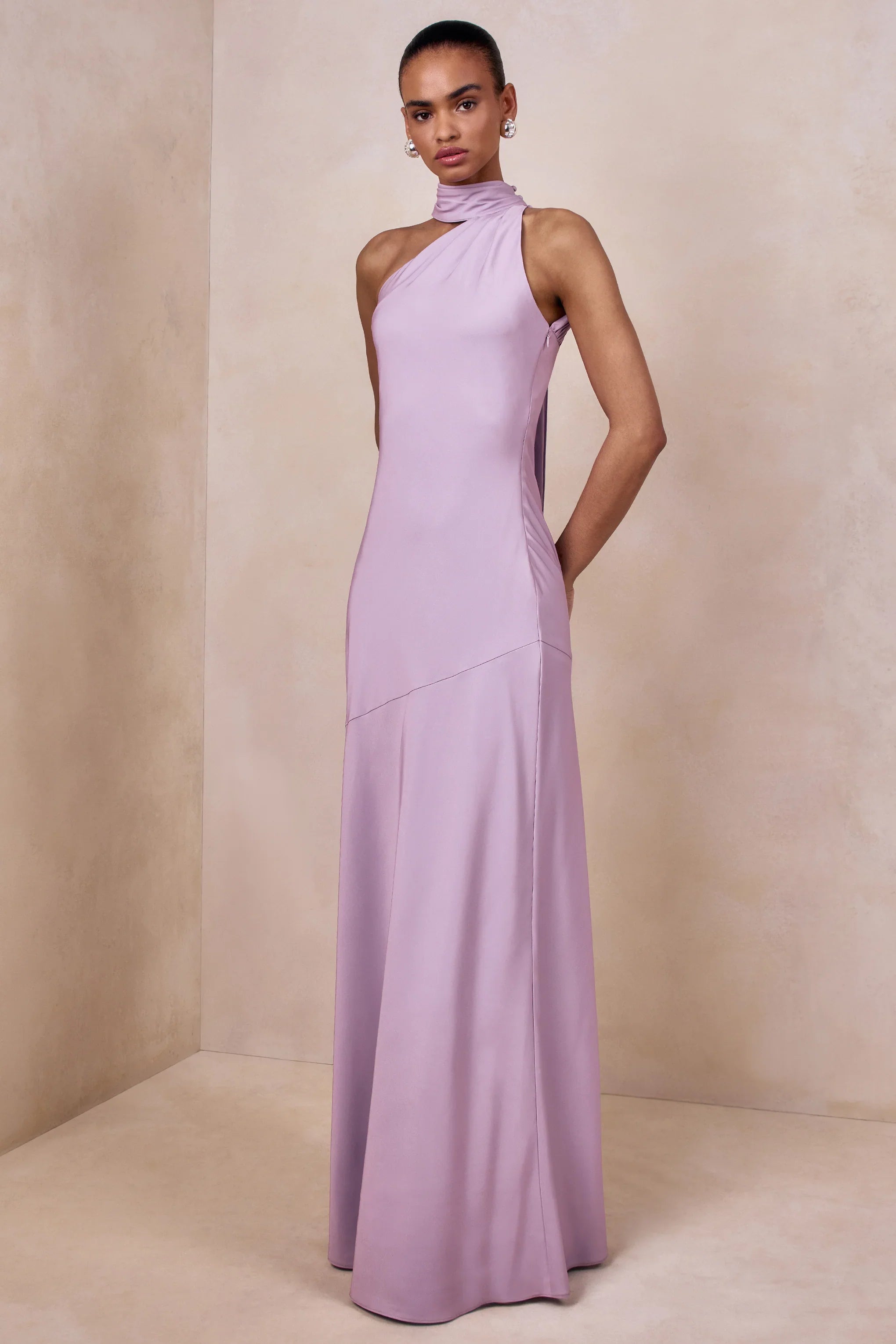 Cara Lilac Matte Satin High Neck Maxi Dress