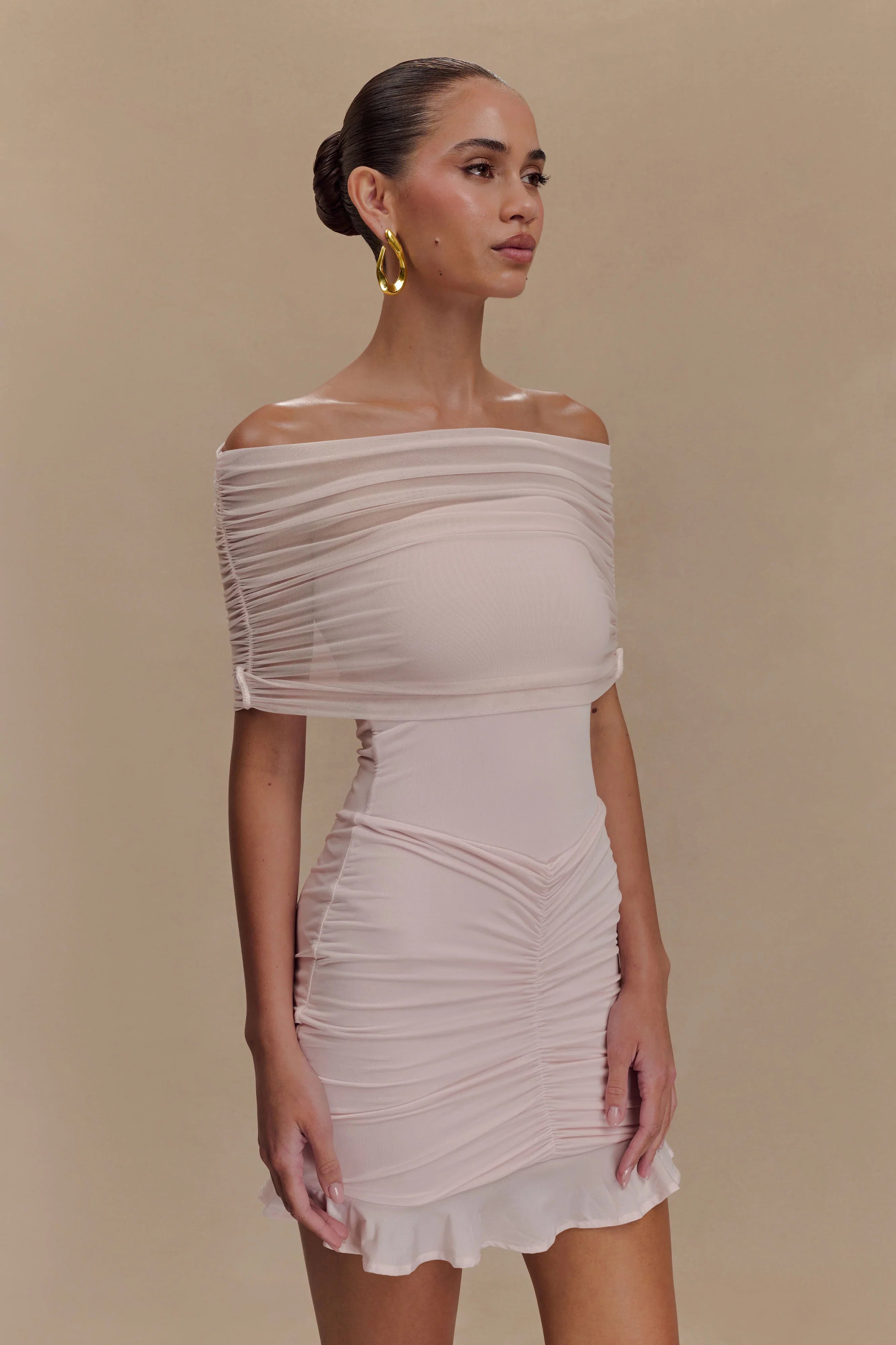 Caspian Slinky And Mesh Off Shoulder Mini Dress Pale Pink