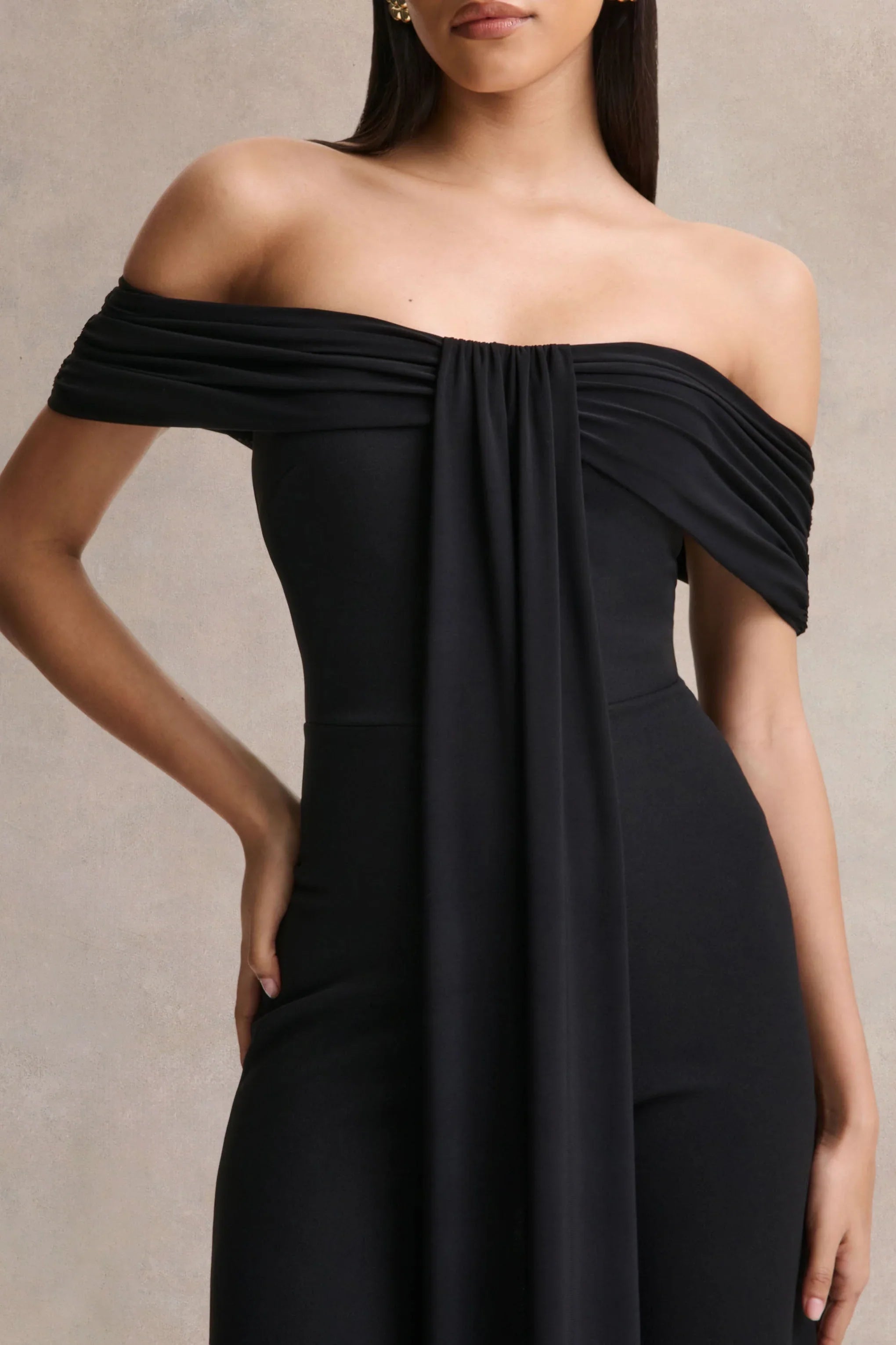 Kalida Black Bardot Neck Jumpsuit With Sash Detail