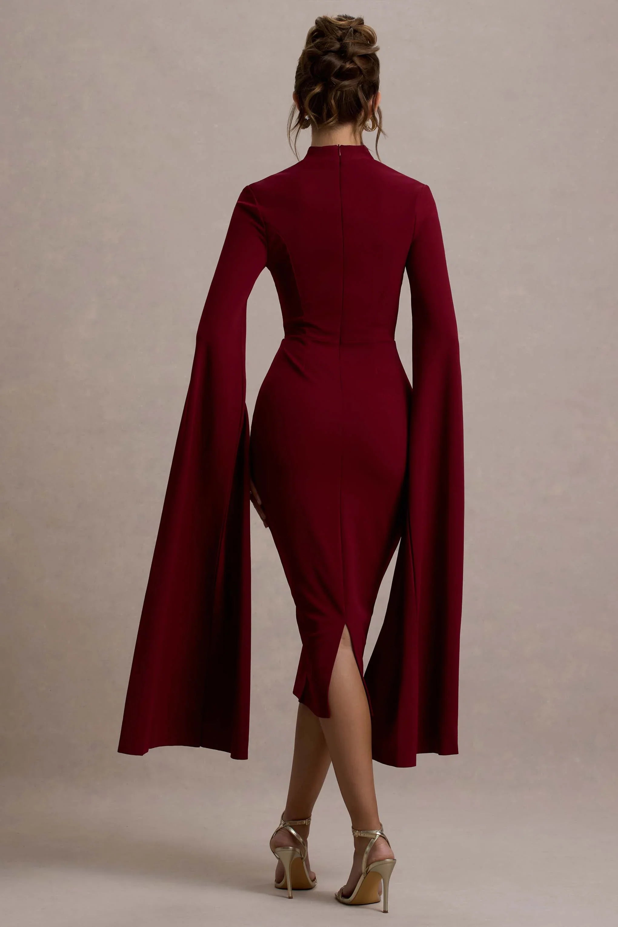 Linden Berry Bodycon Cape Sleeve Midi Dress