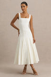 Magnolia White Scoop Neck Midi Dress With Drop Waist And Ruffling Detail