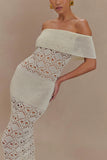 Solstice Off Shoulder Crochet Knit Maxi Dress Ivory
