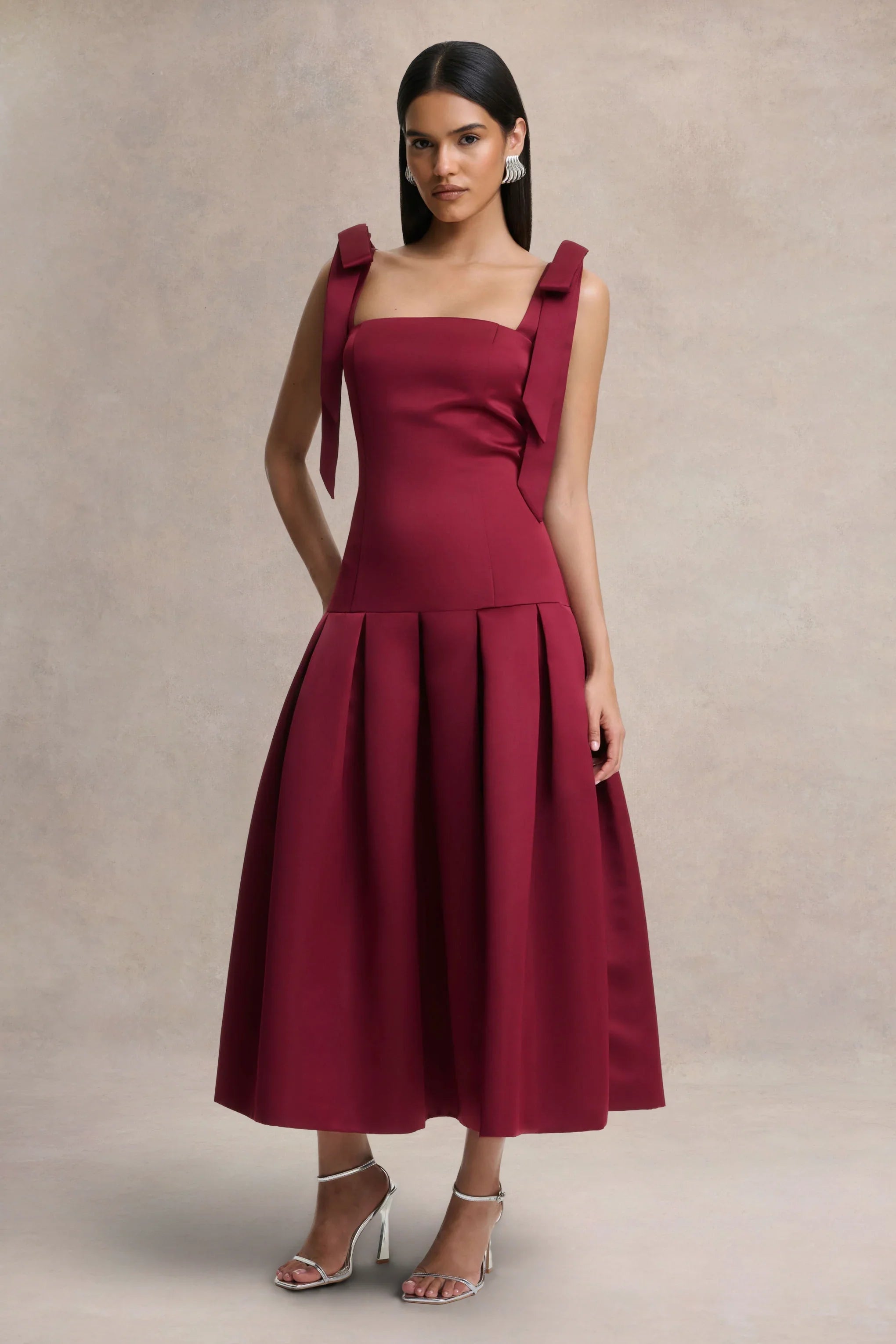 Alberta Burgundy Satin Square Neck Midi Dress With Bow Straps
