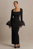 Retreat Black Square Neck Maxi Dress With Satin Puff Sleeves