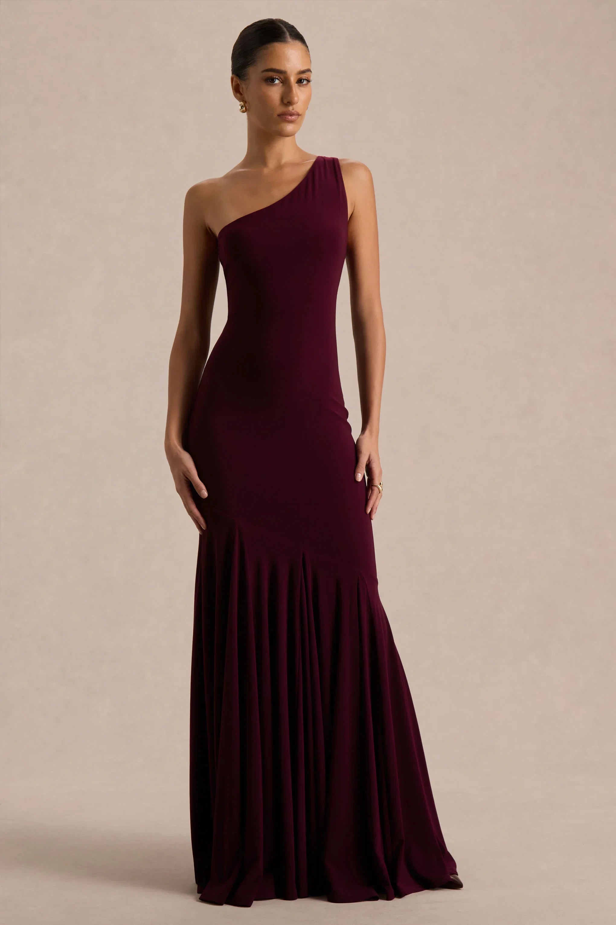 Zya Dark Plum Asymmetric Neck Fishtail Maxi Dress