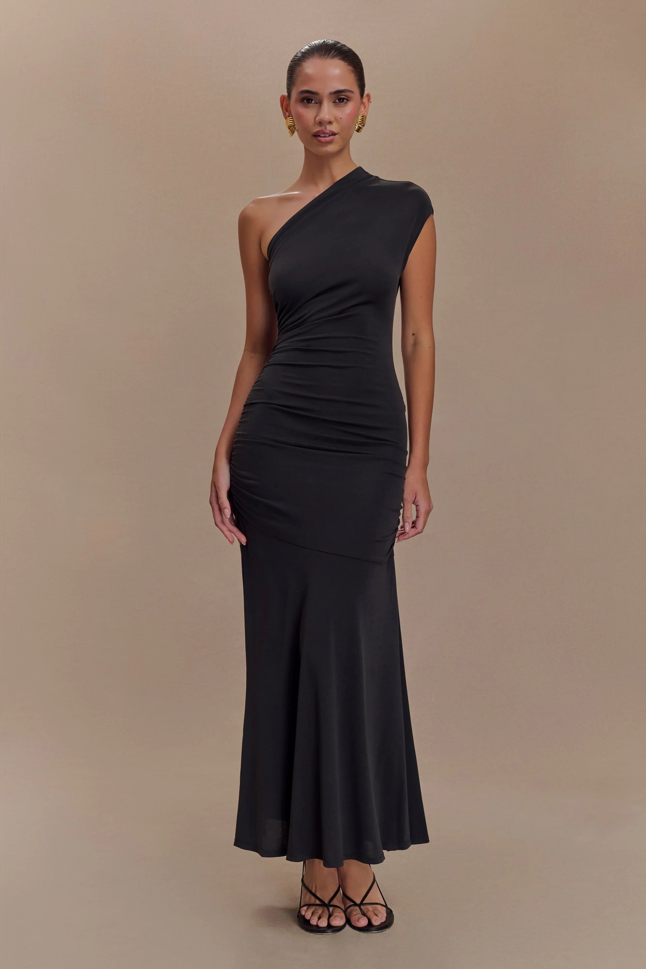 Chloe Peached Jersey One Shoulder Midi Dress Black