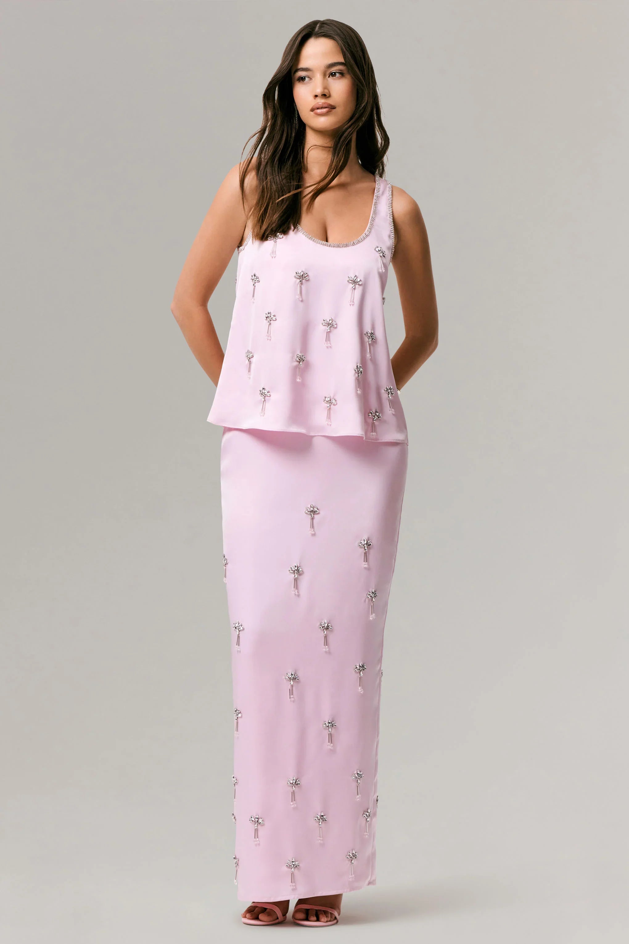 Lena Pink Satin Embellished Maxi Skirt