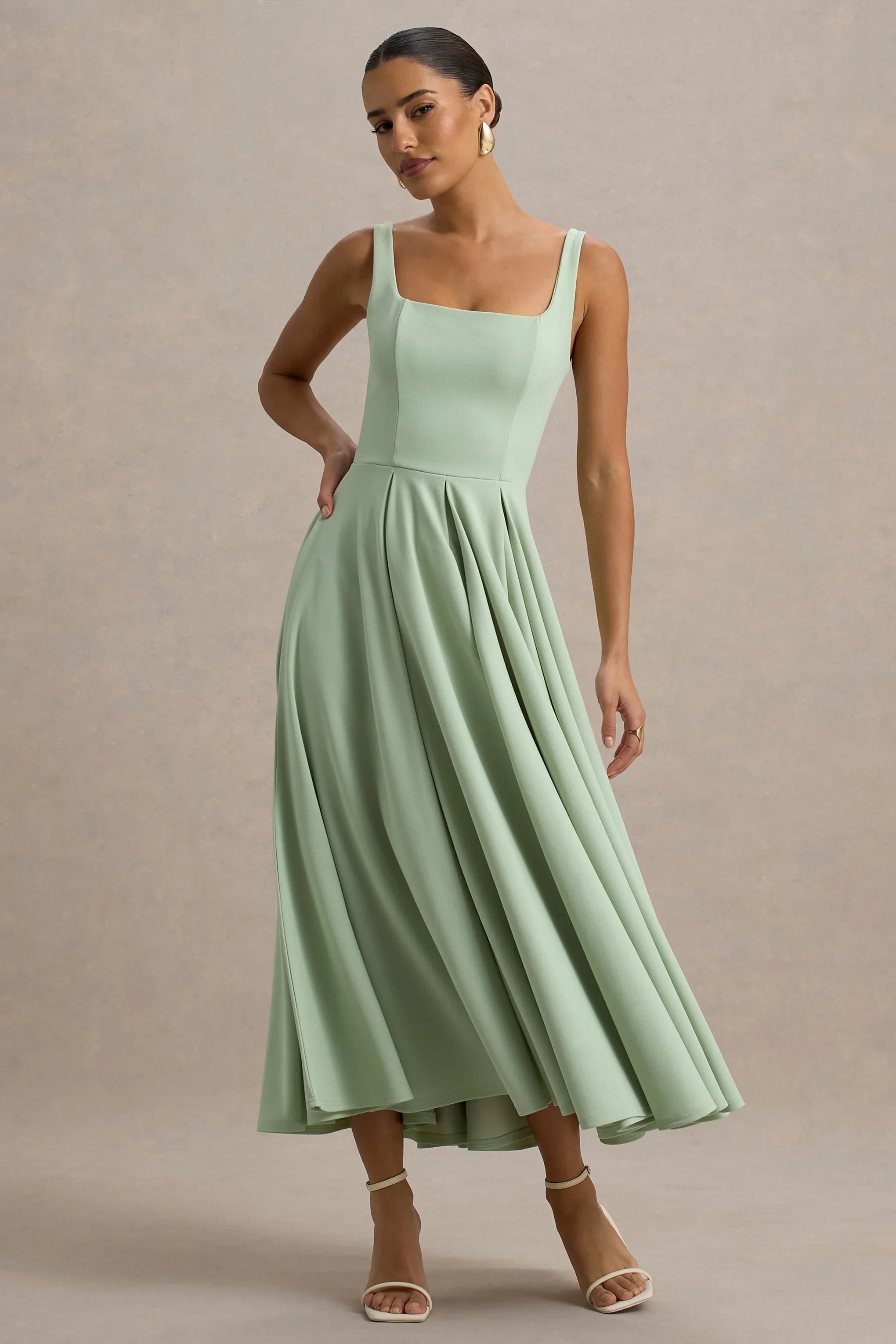 Parina Light Green Strappy Volume Hem Midi Dress