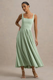 Parina Light Green Strappy Volume Hem Midi Dress