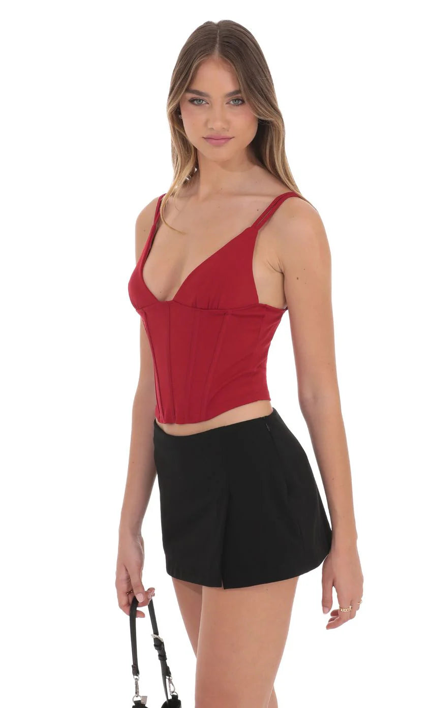 Corset V Neck Top in Red