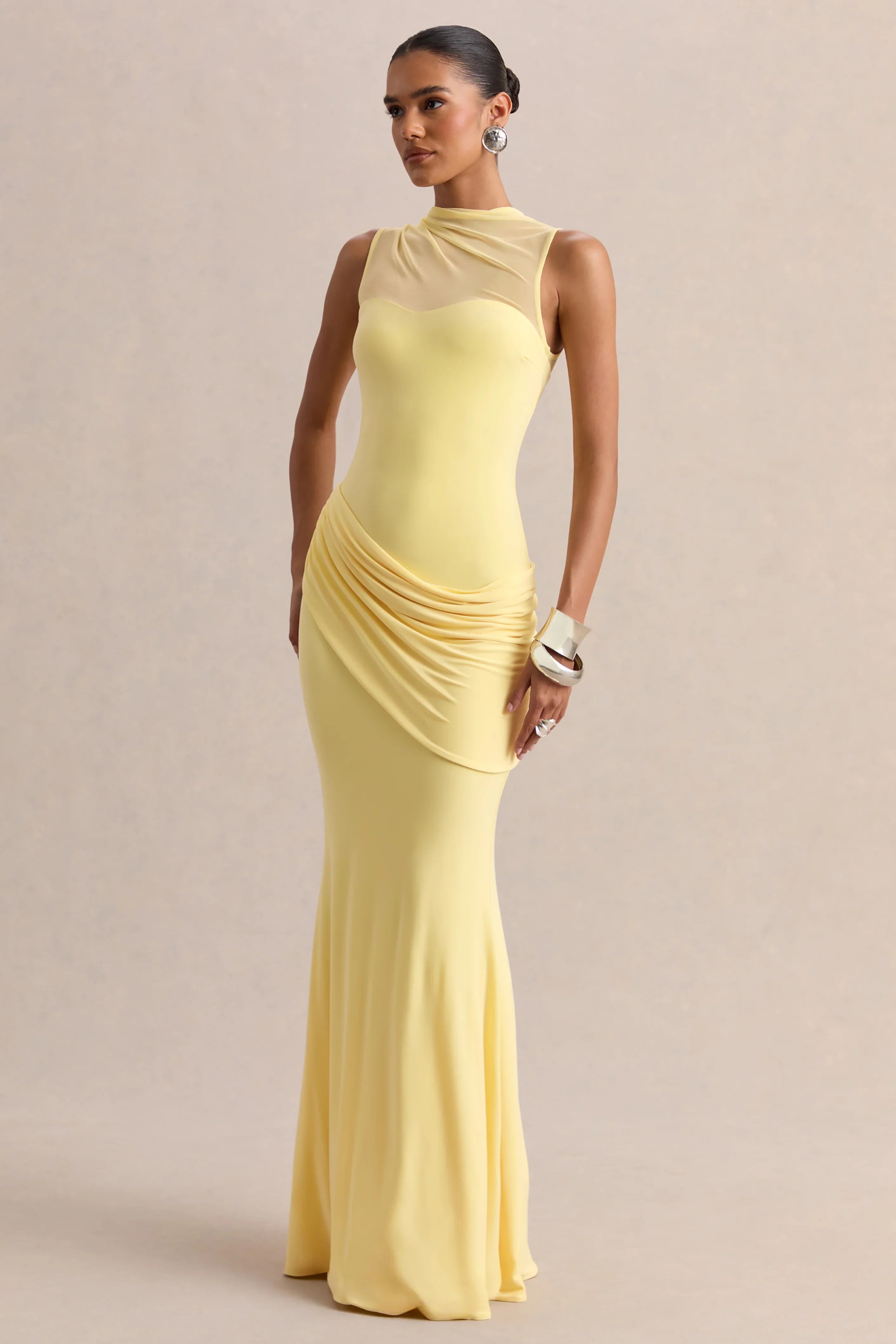 Lyssy Lemon High Neck Maxi Dress With Mesh Detail