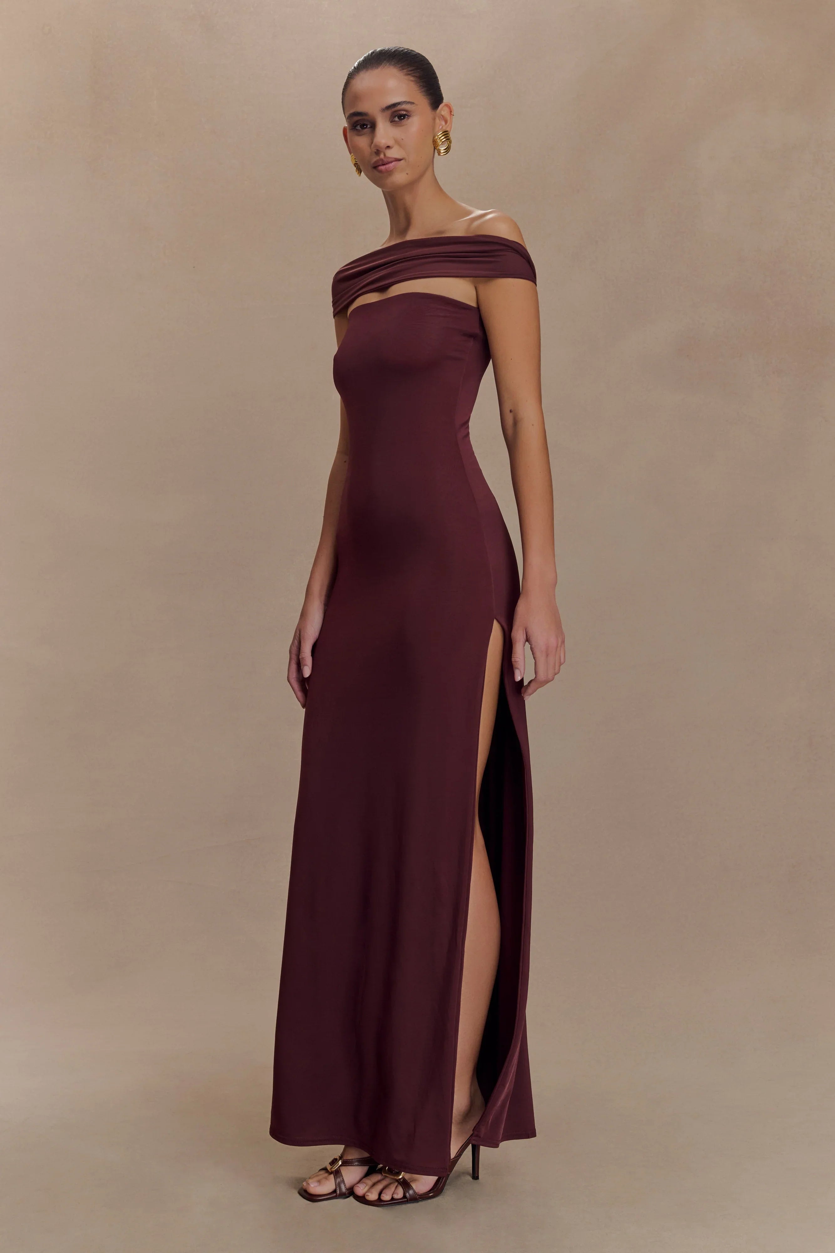 Aurora Slinky And Mesh Split Maxi Dress Mahogany