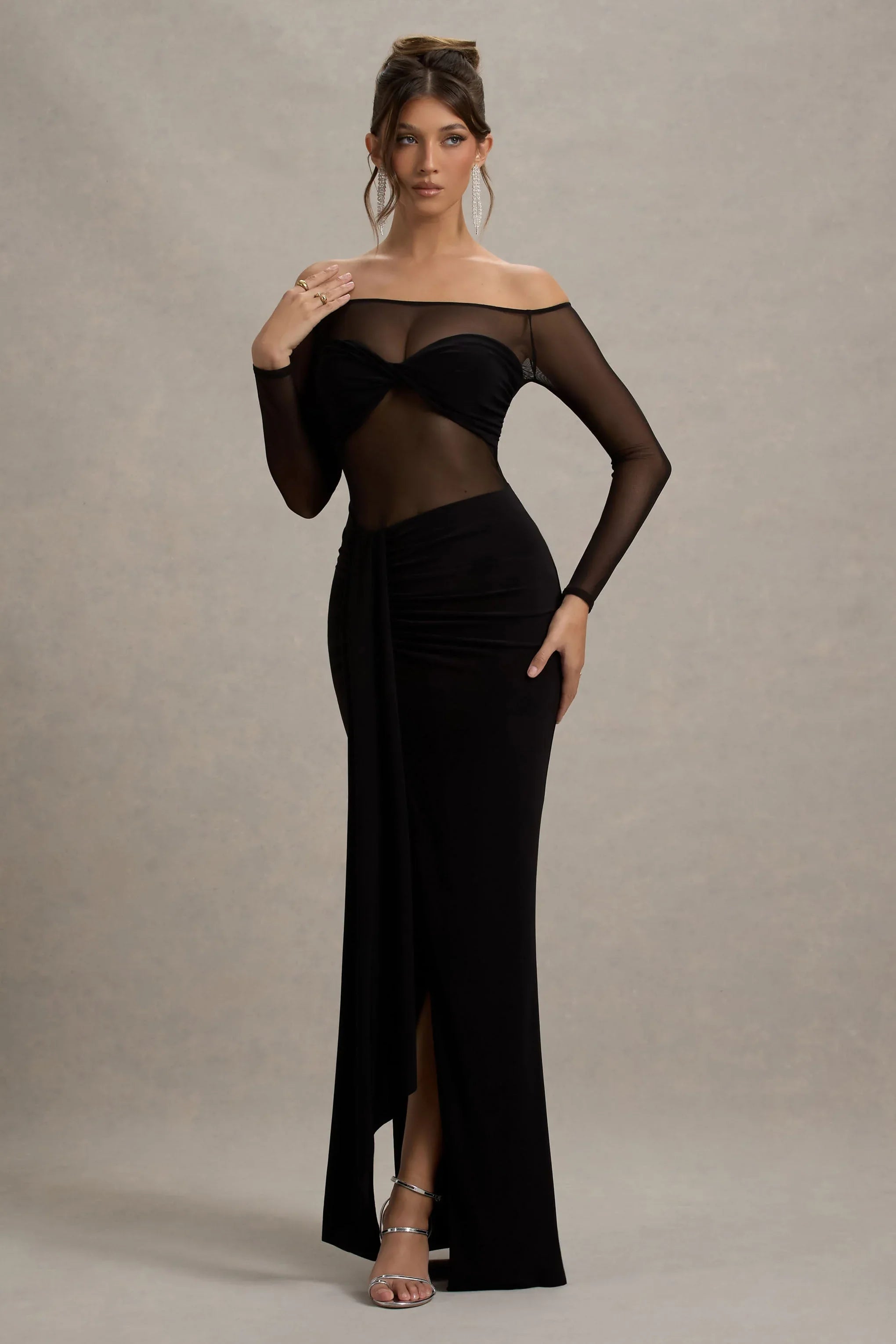 Cover Star Black Mesh Bardot Long Sleeve Draped Maxi Dress