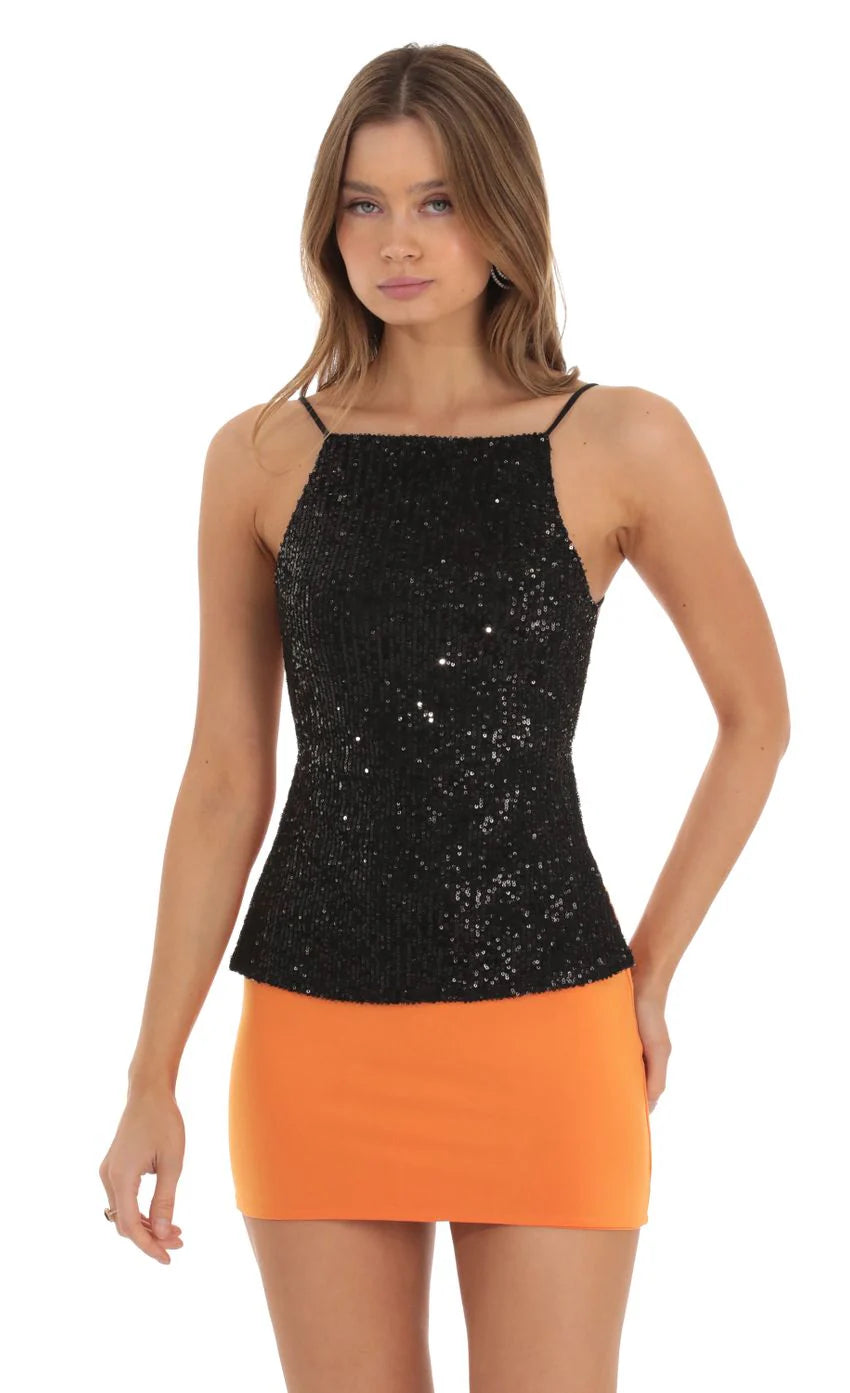Sequin Open Back Top in Black