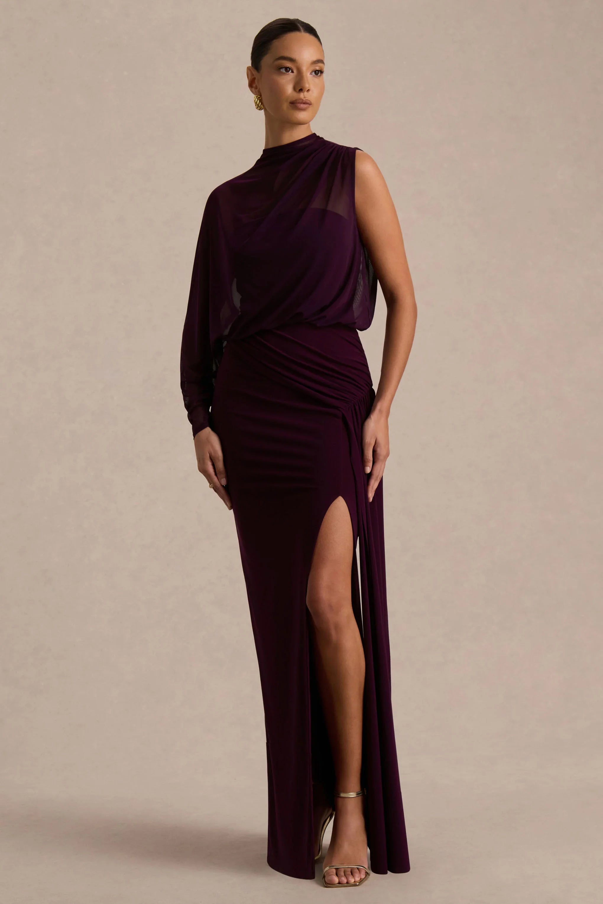 Aurelia Dark Plum High Neck Wrapped Maxi Dress With One Cape Sleeve