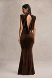 Malora Brown Velvet High Neck Maxi Dress With Open Back