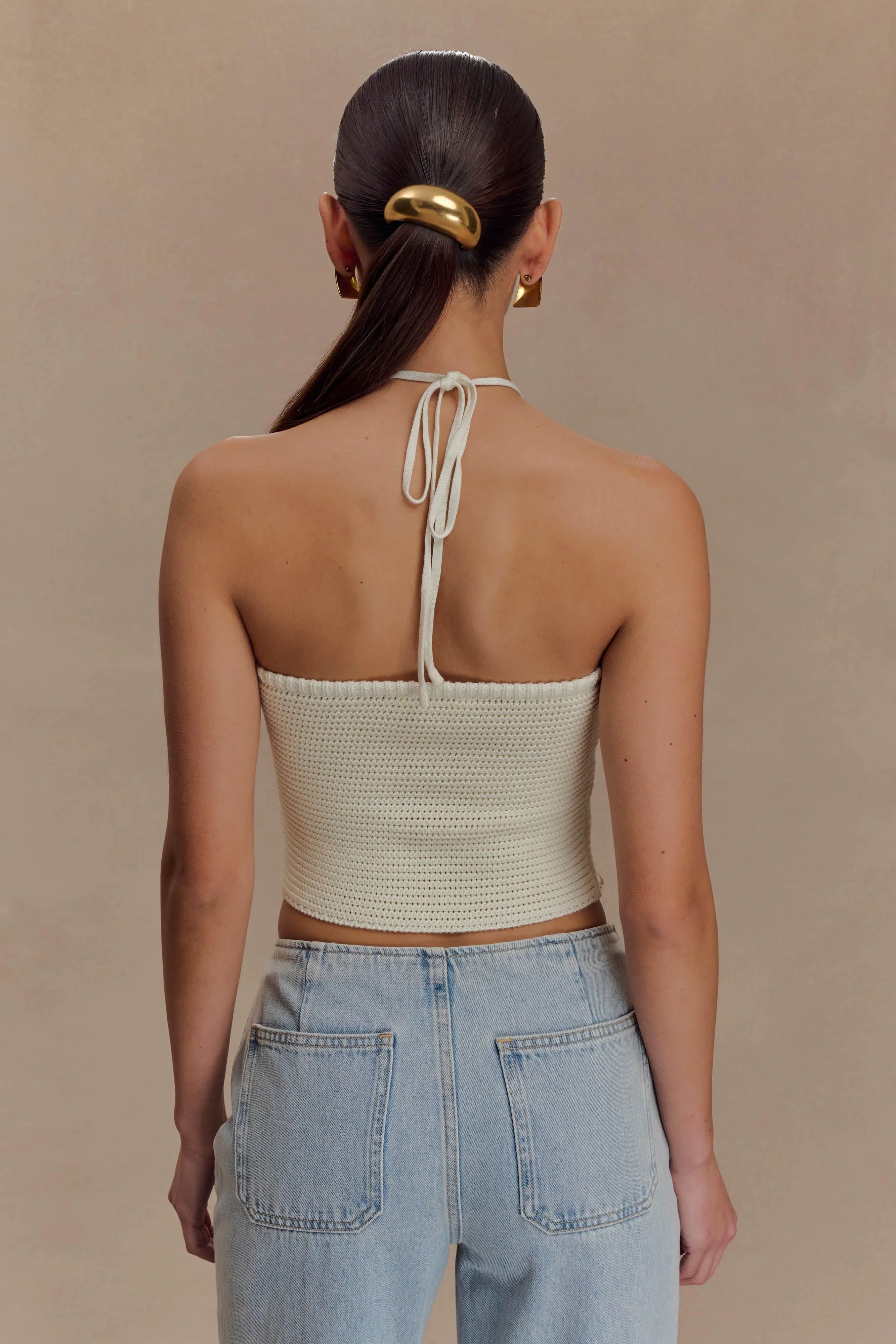 Aletta Knit Pearl Halter Top Ivory