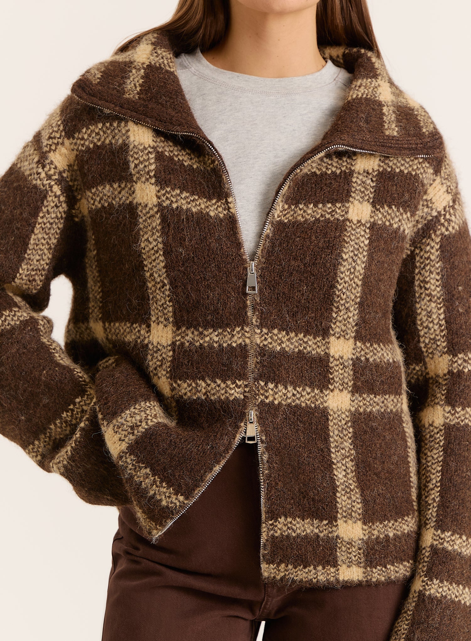 Chocolate Checked Knitted Zip Jacket