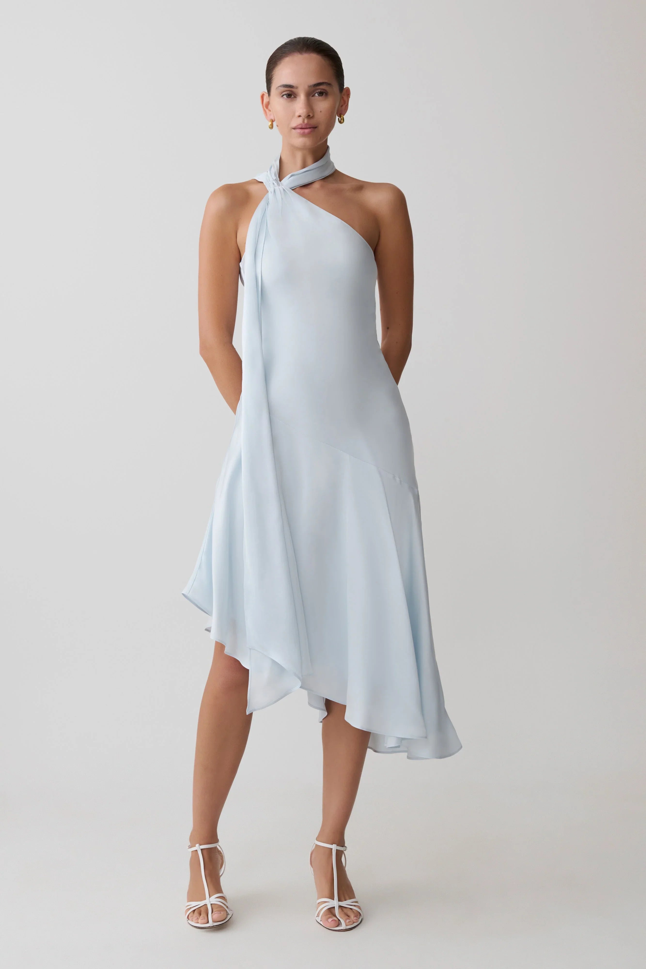 Evelina Halter Asymmetric Hem Midi Dress Ice Blue