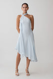 Evelina Halter Asymmetric Hem Midi Dress Ice Blue