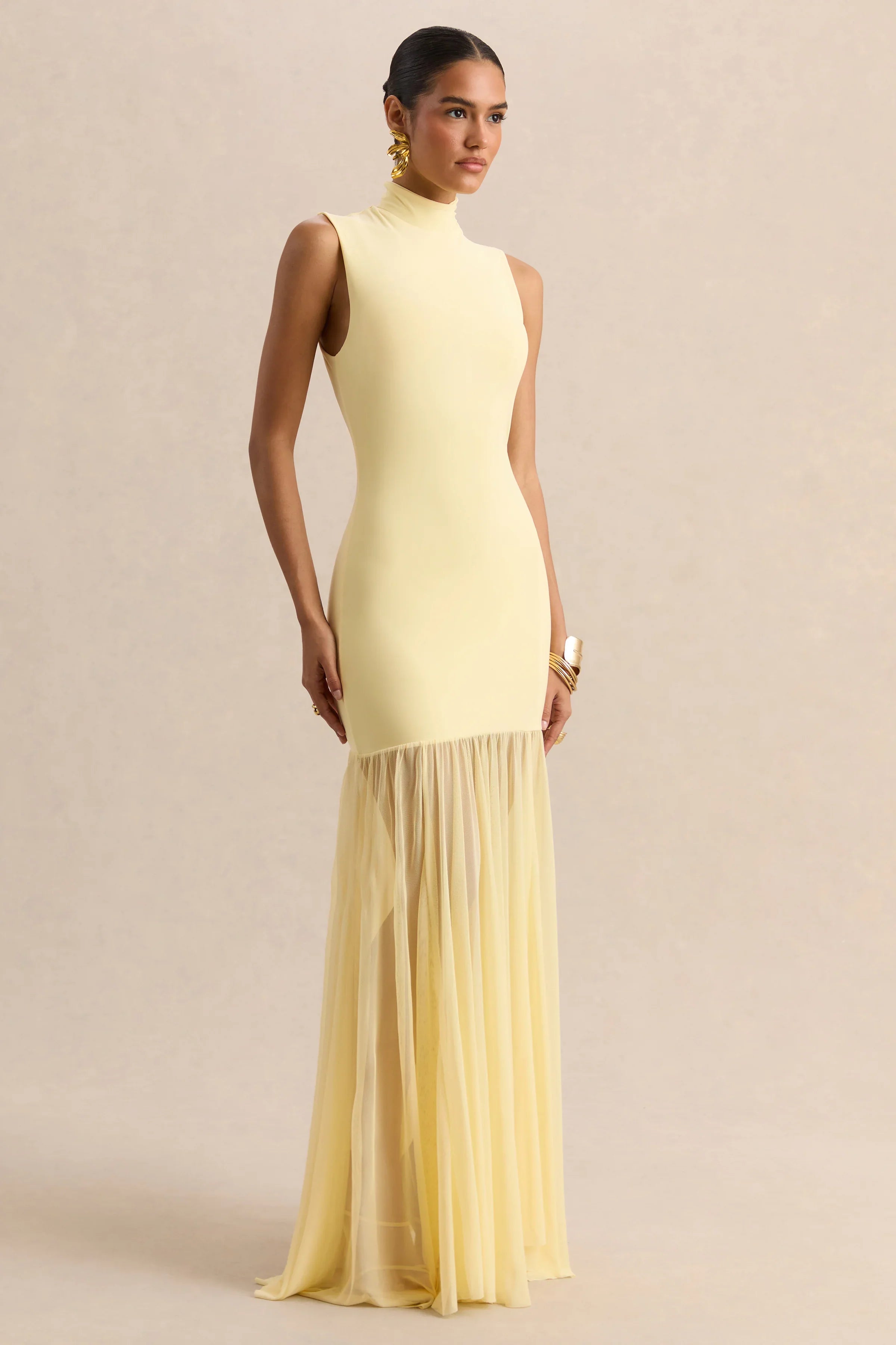 Felina Lemon High Neck Maxi Dress With Sheer Skirt