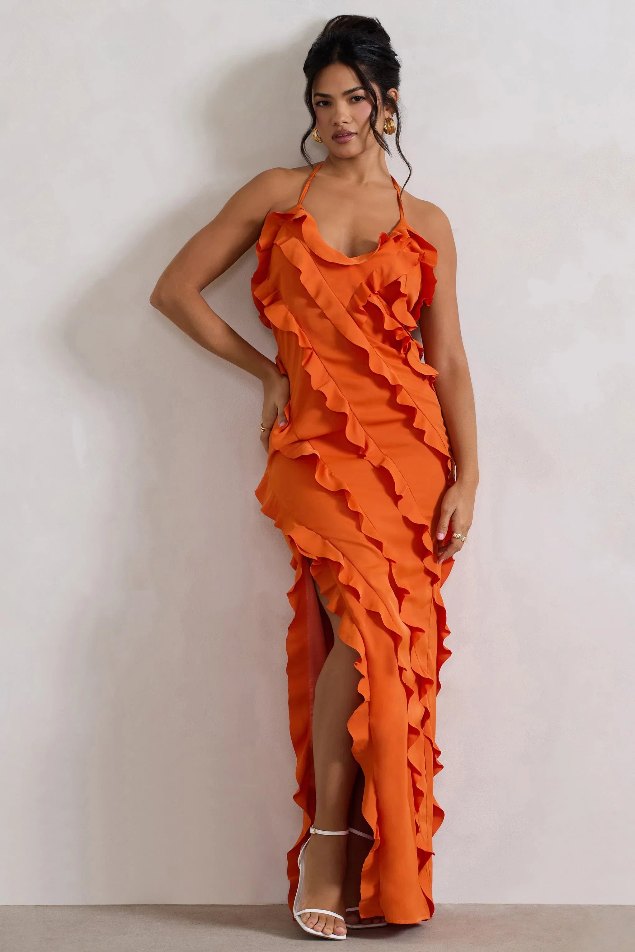Full On Orange V Neck Ruffle Maxi Dress