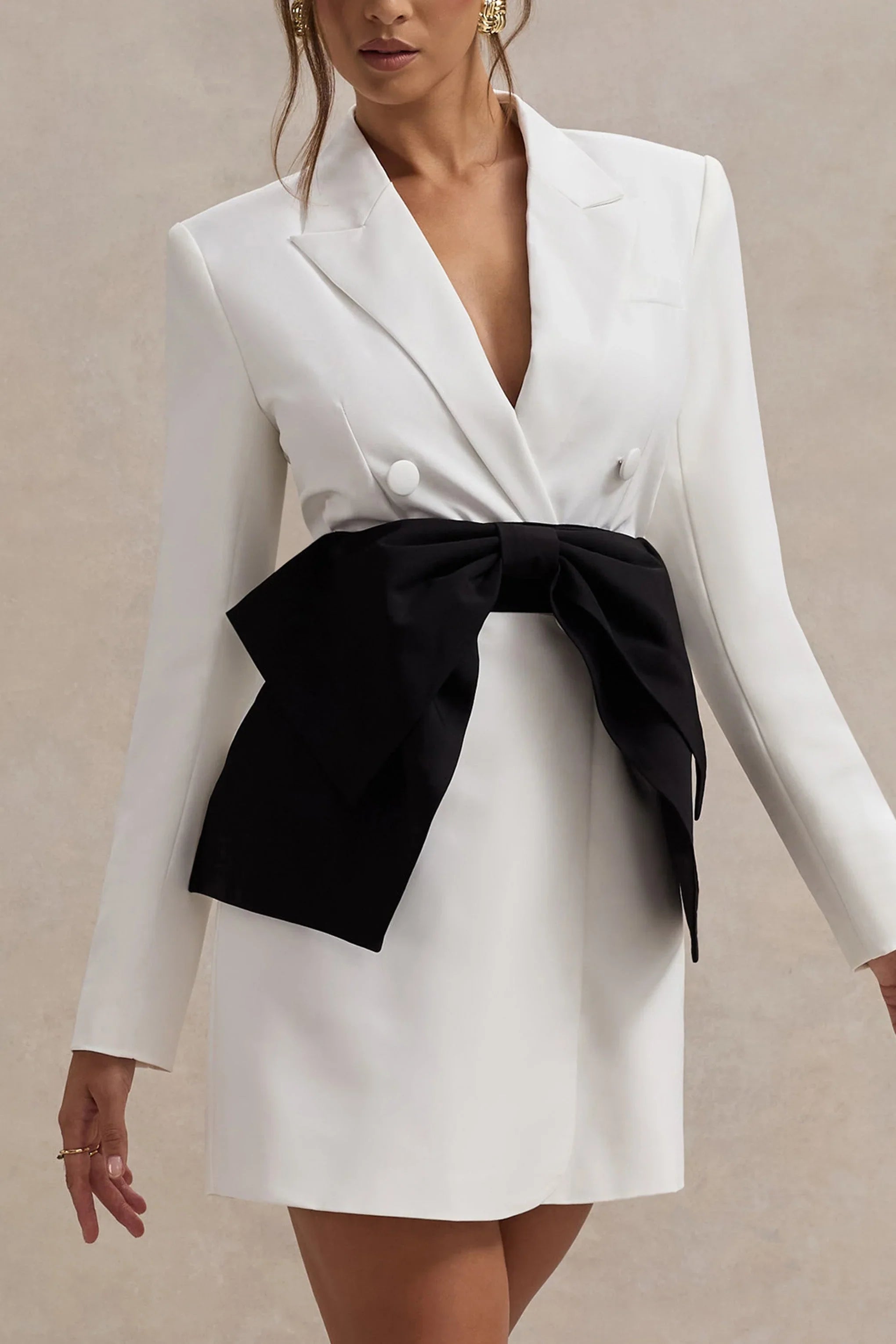 Prized White Tailored Blazer Dress With Black Bow