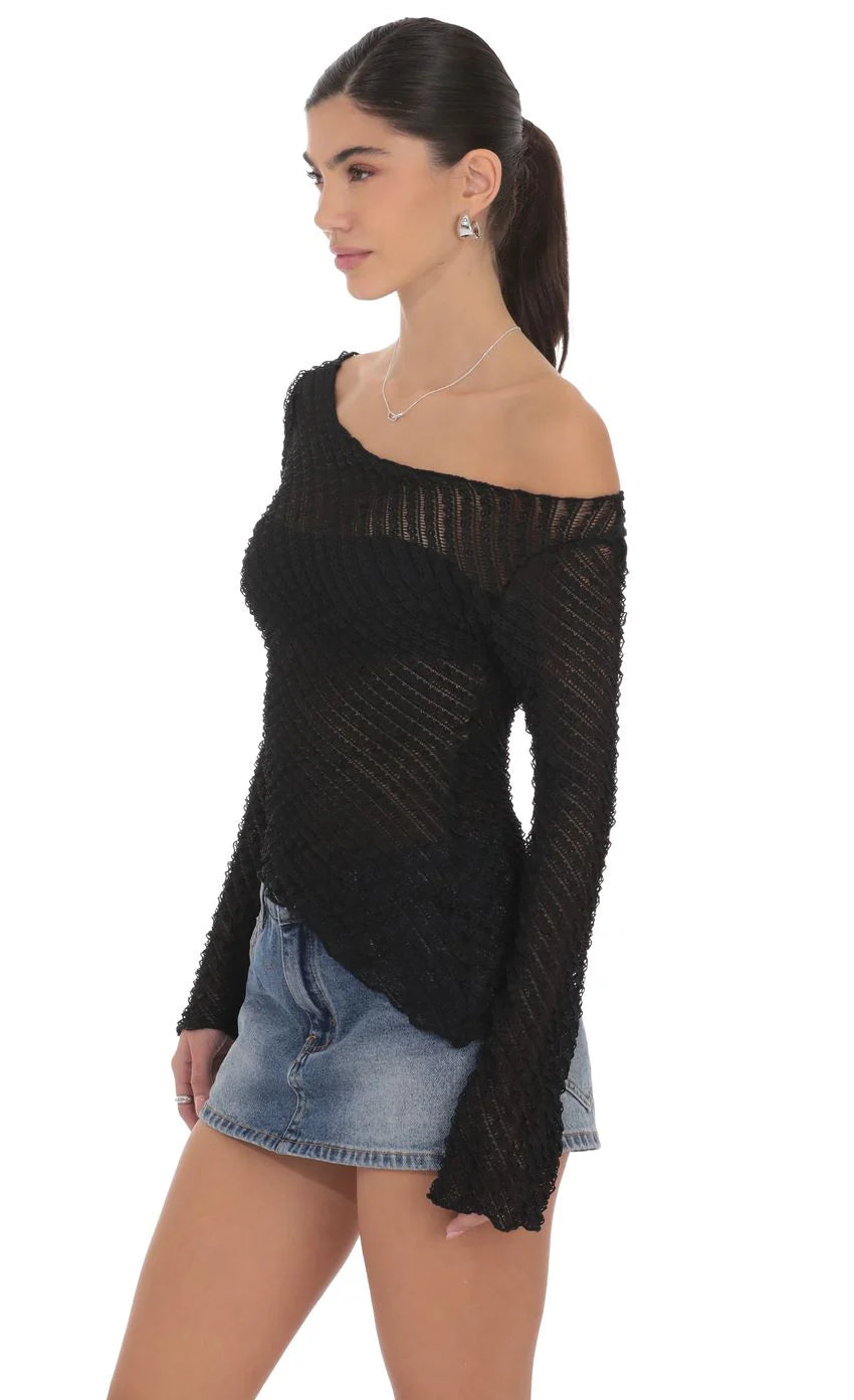 Ruffle Asymmetrical Sheer Lace Top in Black