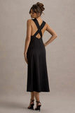 Beck Black Satin Plunge Neck Cross Back Midi Dress