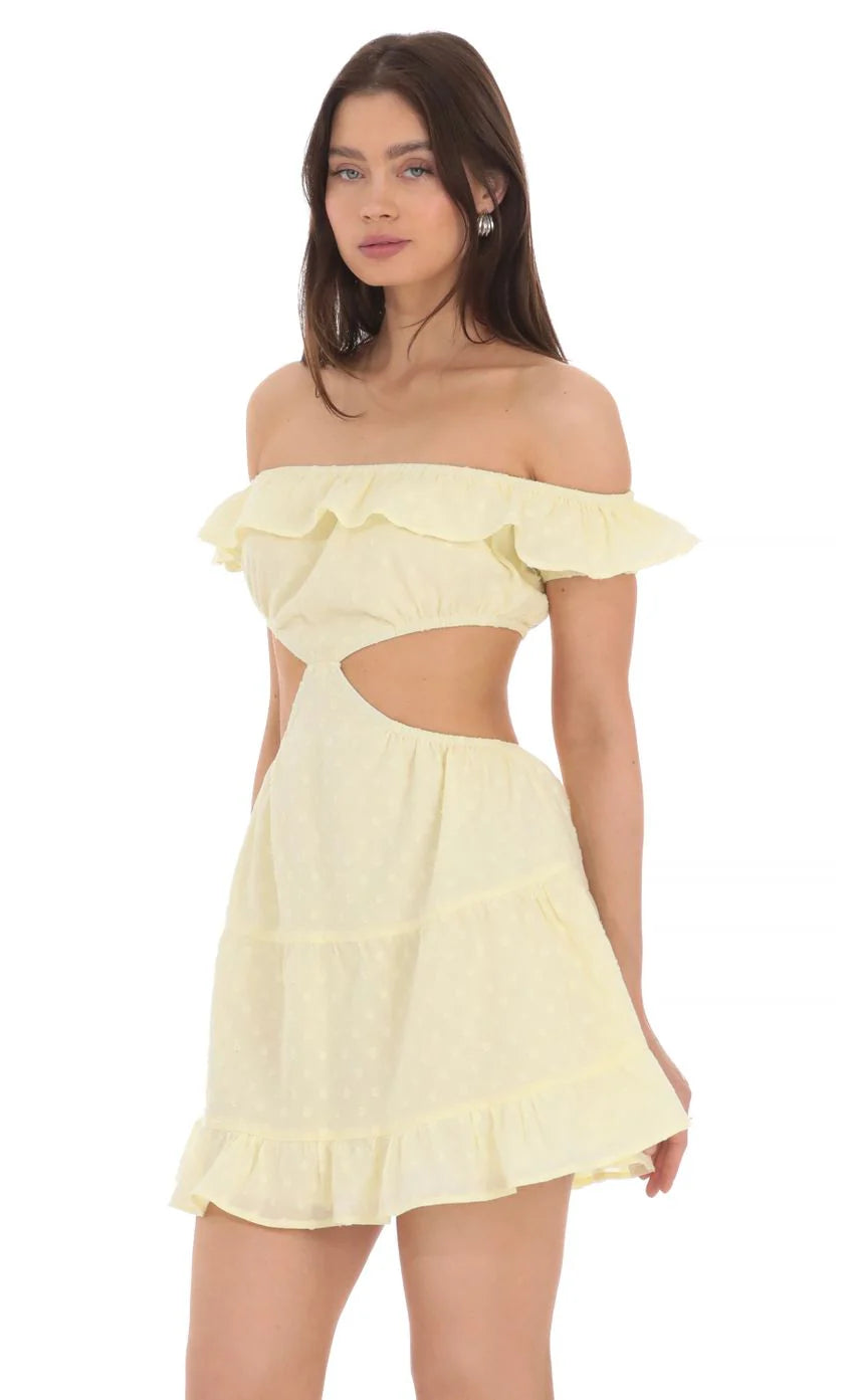 Dotted Off Shoulder Cutout Dress in Yellow