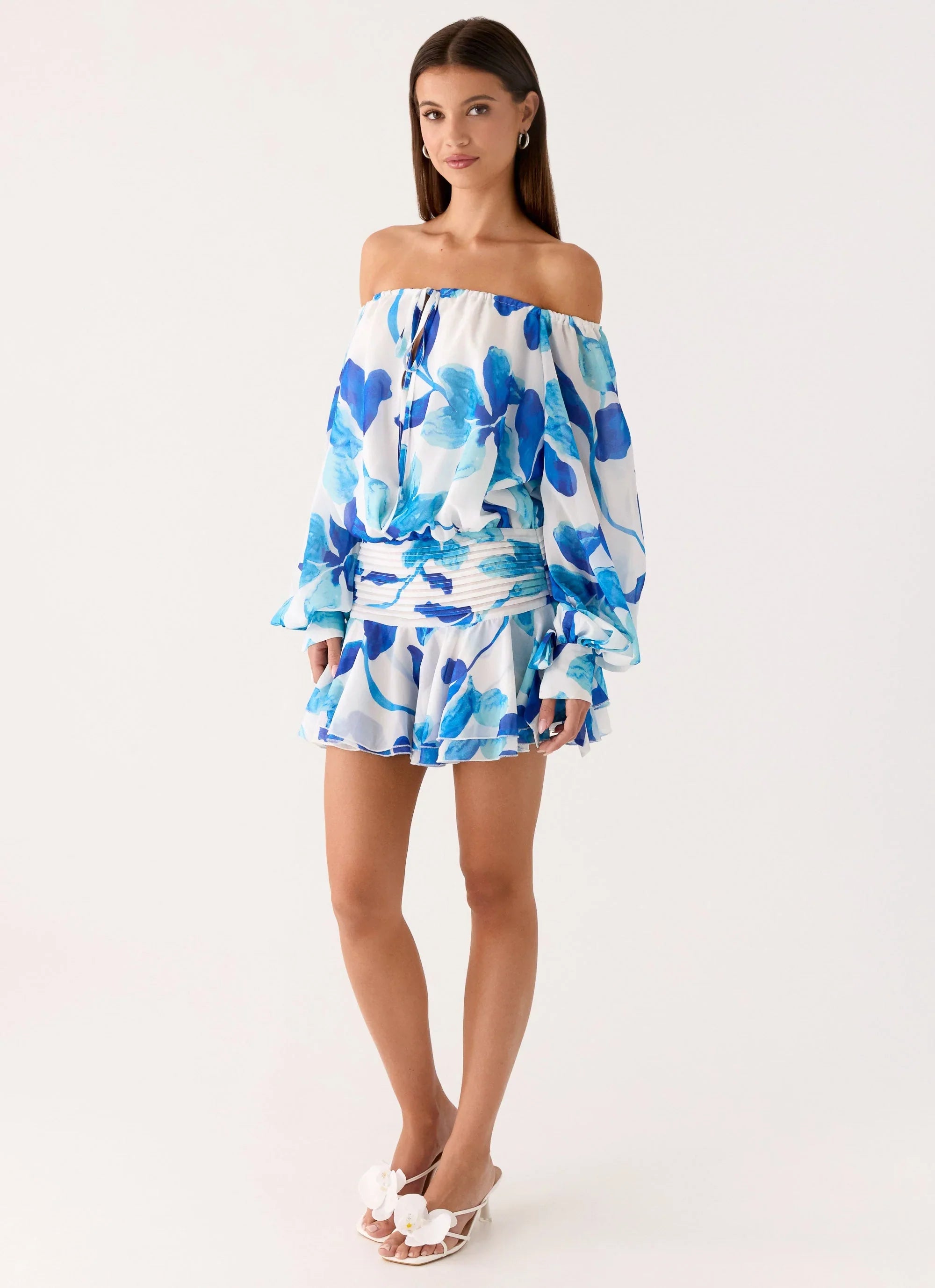 Eira Balloon Sleeve Mini Dress Cerulean Bloom