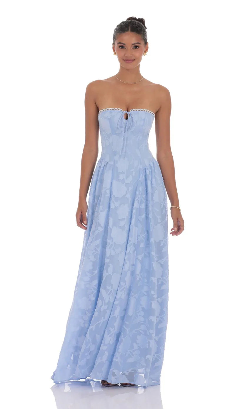 Floral Lace Up Maxi Dress in Light Blue