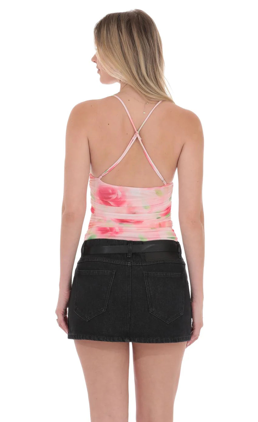 Floral Mesh V Neck Top in Pink