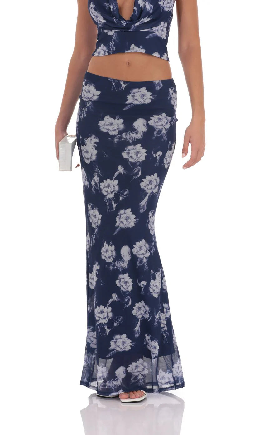 Mesh Floral Plunge Neck Two Piece Set in Navy